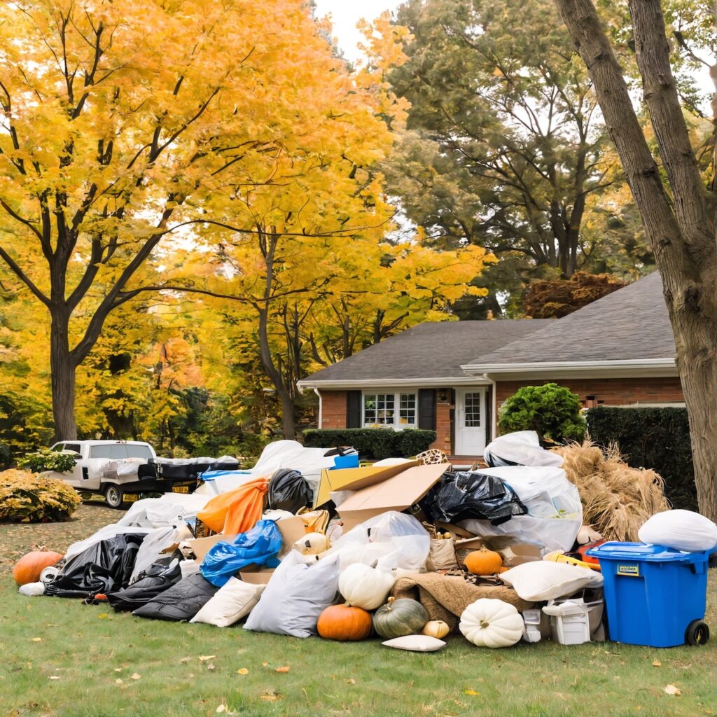 A house in the fall time with a pile of junk in the front waiting for removal.