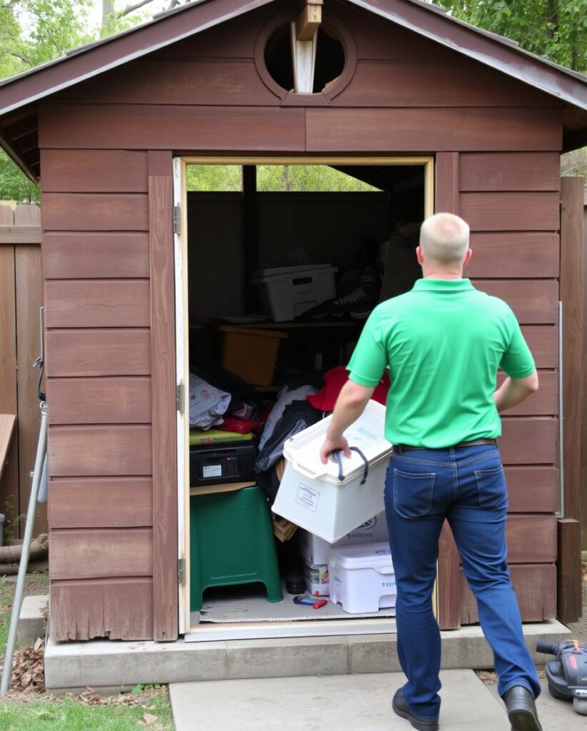 Junk removal company helping organize and remove items from a shed cleanout and junk removal.