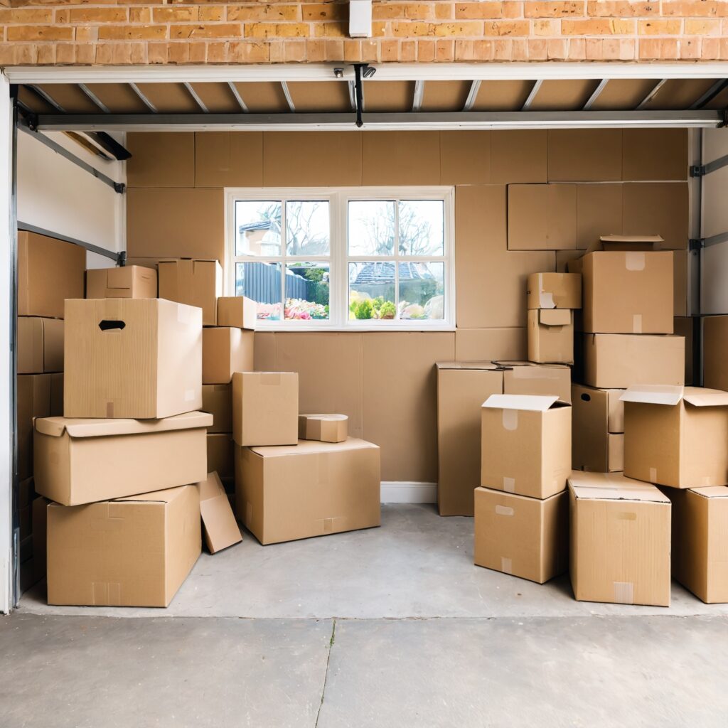 Cardboard boxes piled up in a garage after a move. Edmonton cardboard removal.